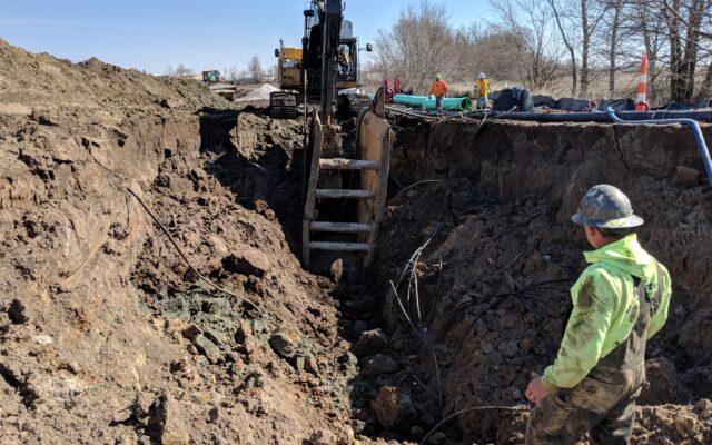Workers and excavator in dirt trench with ladder; trees, equipment behind.
