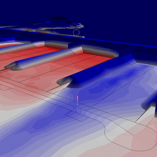 Heat map shows red and blue gradients over sloped structure.