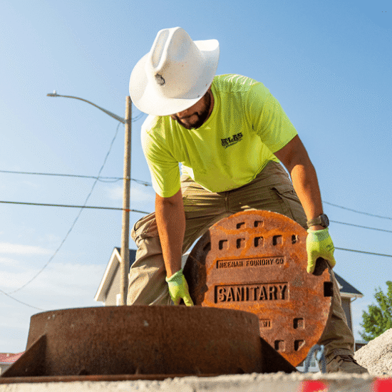 Worker in hard hat lifts sewer cover at construction site.
