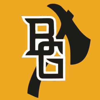 BG letters on a black axe silhouette, orange background.