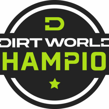 Round logo: green D, green star, "Dirt World Champion" text.