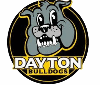 Cartoon bulldog over bold “DAYTON BULLDOGS” text, black circle.
