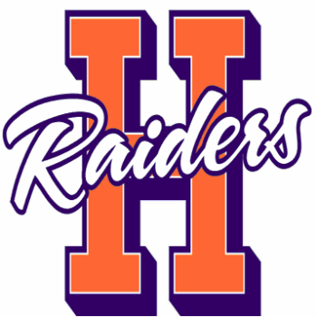 Orange H with purple outline, "Raiders" in white script.