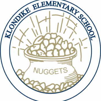 Klondike Elementary logo: pot labeled NUGGETS, rocks, rays, name circle
