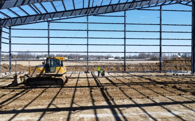 Bulldozer and worker inside steel frame at construction site.