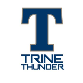Blue letter T with gray outline above bold "Trine Thunder".